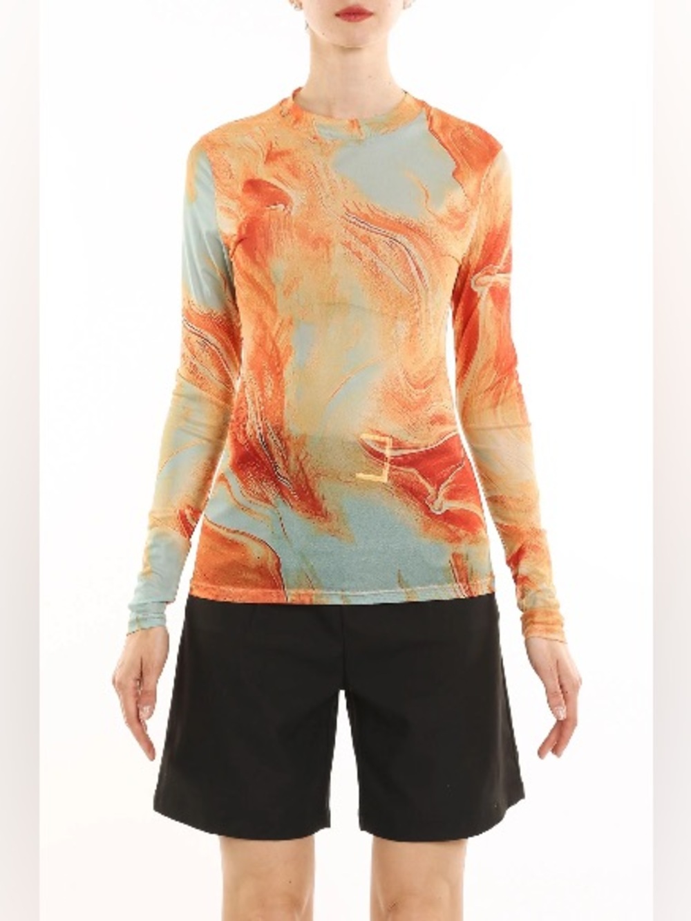 ICCON Abstract Swirl Rust Marble Print Mesh Long Sleeve Sheer Top S